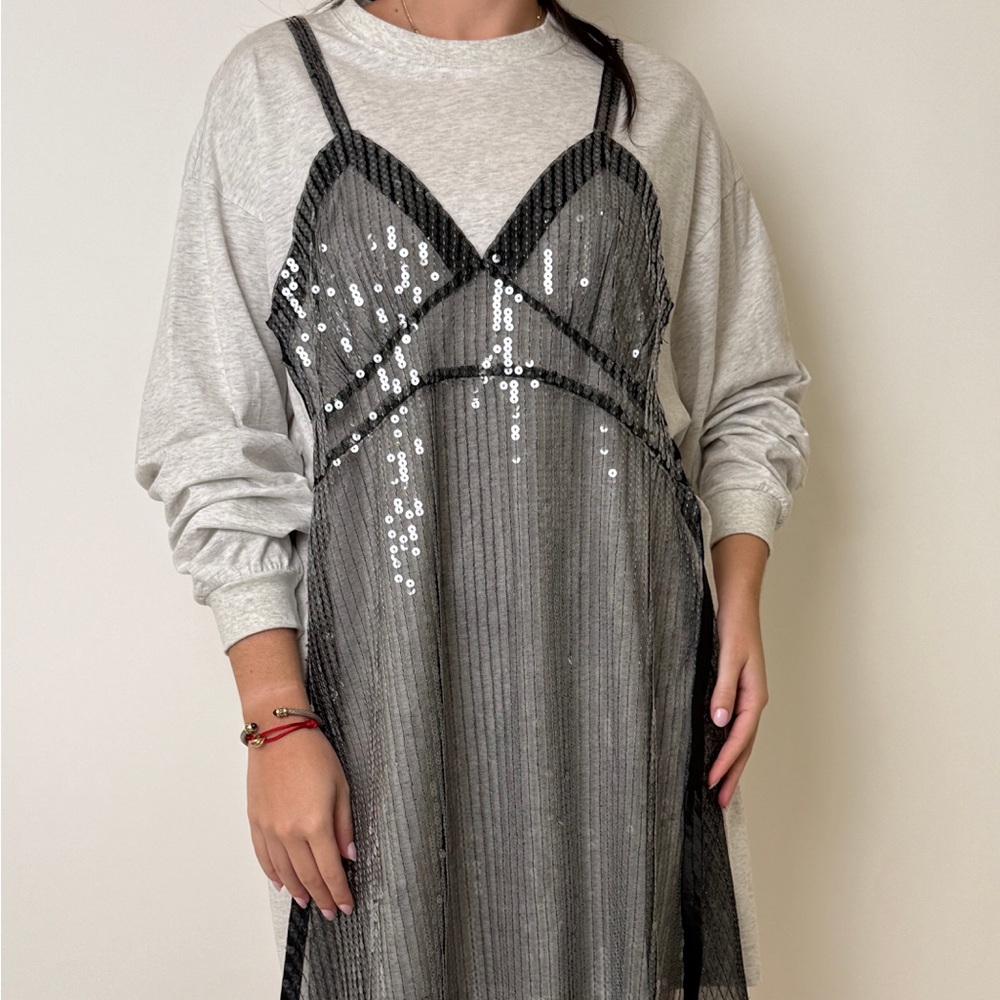 Black Sequin Mesh Midi Dress